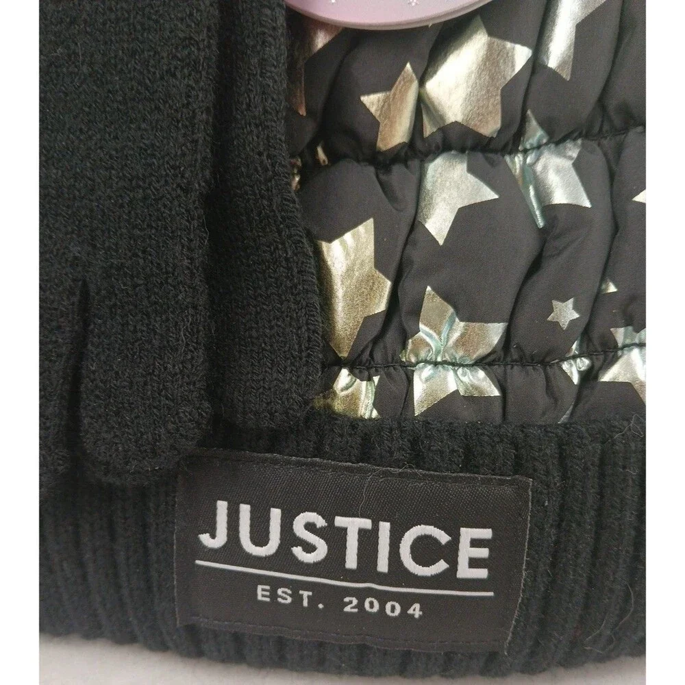 Justice Winter Hat & Gloves Set w/Faux Fur Pom-Pom-Black w/Metallic Stars-NEW!